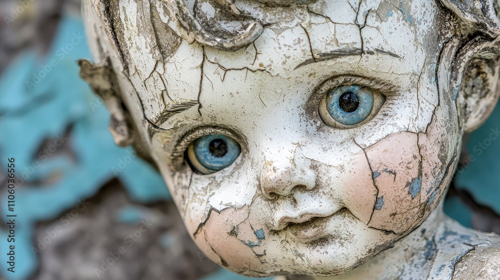 Close-Up of an Old Cracked Porcelain Doll with Faded Features and Distressed Texture, Capturing Vintage Charm and Nostalgia in Portrait Photography Close-Up of an Old Cracked Porcelain Doll with Faded Features and Distressed Texture, Capturing Vintage Charm and Nostalgia in Portrait Photography