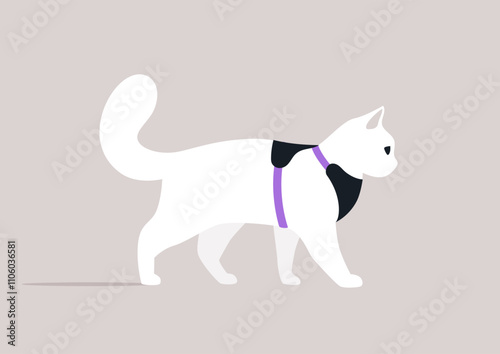 A curious white cat confidently walks in a playful stride while wearing a stylish harness, embodying spirit and adventure as it navigates its surroundings