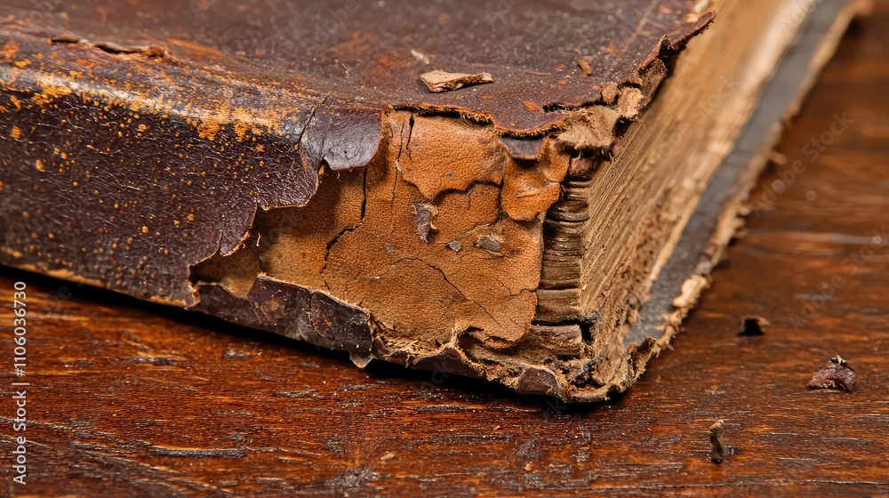 Close-Up of an Old Leather Bound Book with Frayed Edges, Showcasing the Intricate Textures and Rich History of Vintage Literature Close-Up of an Old Leather Bound Book with Frayed Edges, Showcasing the Intricate Textures and Rich History of Vintage Literature