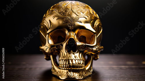 Gold Skull with Patterns on Dark Background. photo