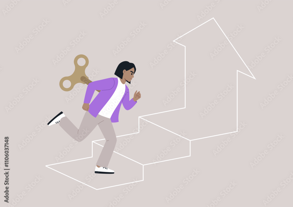 A spirited character races upward along stylized stairs, driven by a whimsical clockwork mechanism, embodying ambition and determination in a vibrant journey toward achievement A spirited character races upward along stylized stairs, driven by a whimsical clockwork mechanism, embodying ambition and determination in a vibrant journey toward achievement