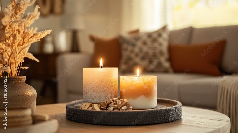 Two Lit Candles Resting On Tray With Dried Flowers Two Lit Candles Resting On Tray With Dried Flowers