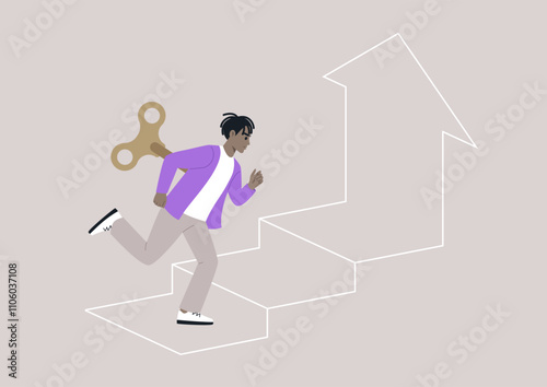 A spirited character races upward along stylized stairs, driven by a whimsical clockwork mechanism, embodying ambition and determination in a vibrant journey toward achievement