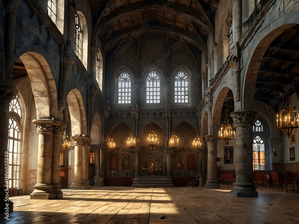 Fantasy medieval Great Hall in a royal palace. Fantasy medieval Great Hall in a royal palace.