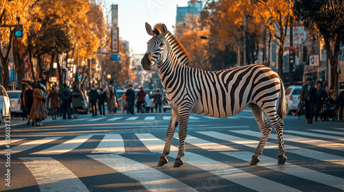 A striking zebra stands confidently on a bustling city crosswalk, surrounded by autumn foliage and urban life, creating a unique blend of nature and cityscapes.