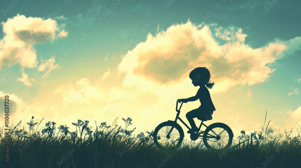 A whimsical silhouette of a child learning to ride a bicycle, with a playful stance and a backdrop of a sunny day, evoking nostalgia and childhood memories A whimsical silhouette of a child learning to ride a bicycle, with a playful stance and a backdrop of a sunny day, evoking nostalgia and childhood memories
