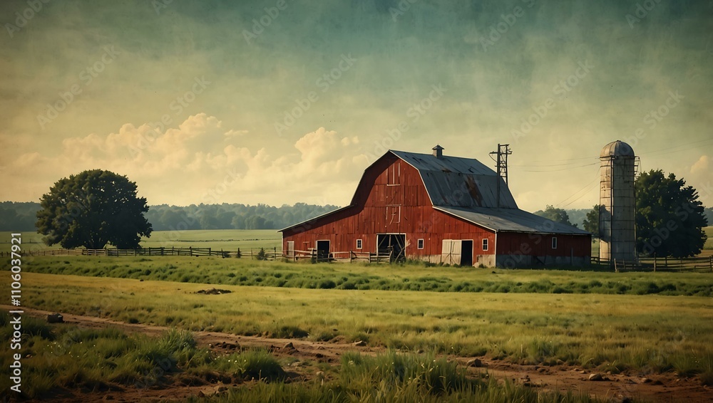 Farm landscape captured in a nostalgic watercolor style. Farm landscape captured in a nostalgic watercolor style.