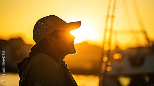 Silhouetted man against fiery sunset near boats photo