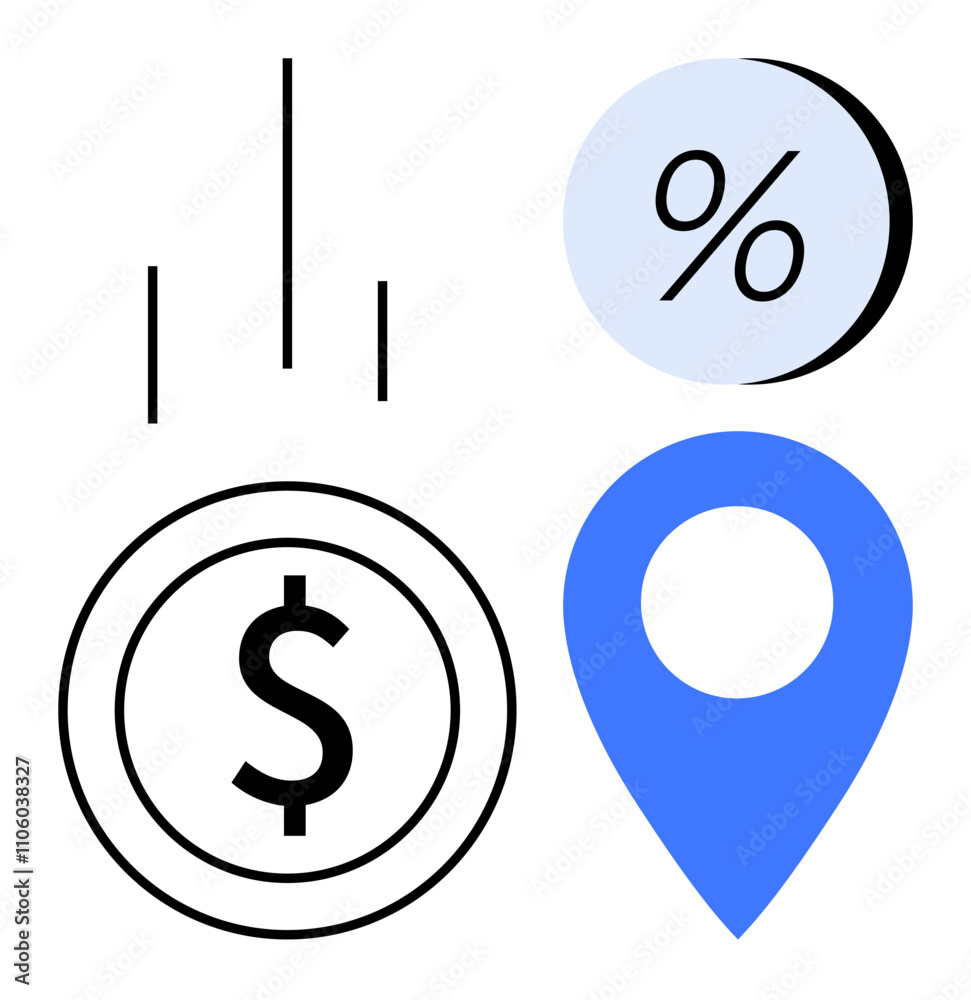 Dollar sign inside a circle, upward trend arrows, percentage symbol in blue circle, and blue location marker. Ideal for finance, economics, investments, savings, banking, business strategies, market Dollar sign inside a circle, upward trend arrows, percentage symbol in blue circle, and blue location marker. Ideal for finance, economics, investments, savings, banking, business strategies, market
