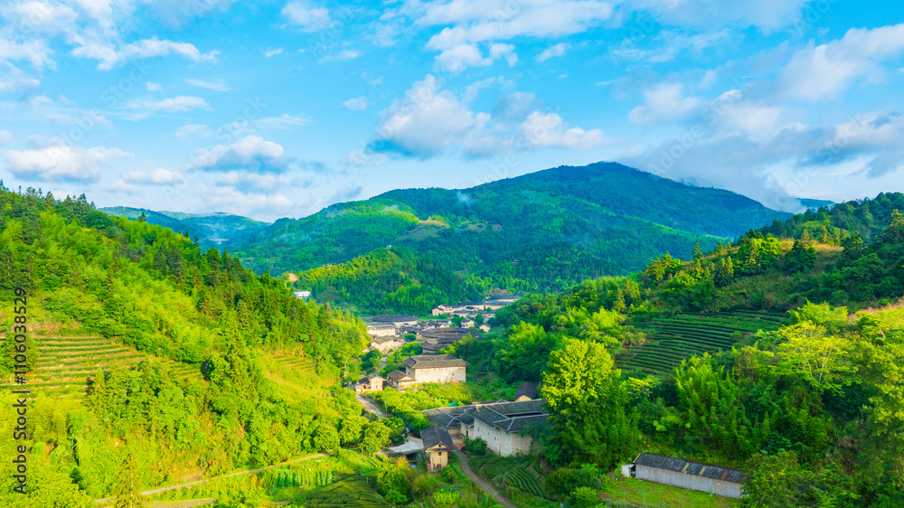 Aerial view of the Hekeng Tulou complex in the early morning of summer Aerial view of the Hekeng Tulou complex in the early morning of summer