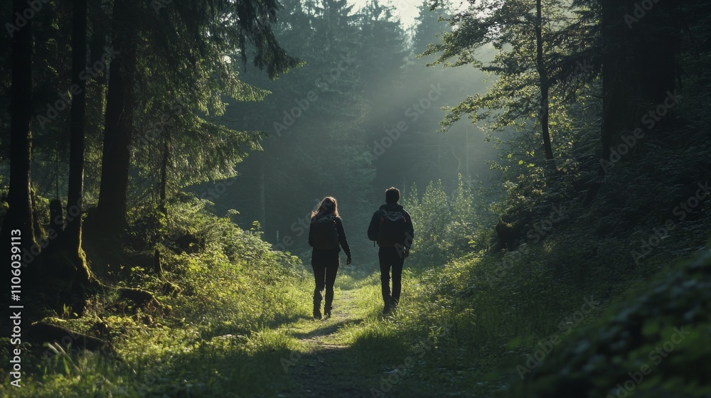 Fototapeta premium Joyful couple enjoying a peaceful morning walk in the forest with cinematic effects