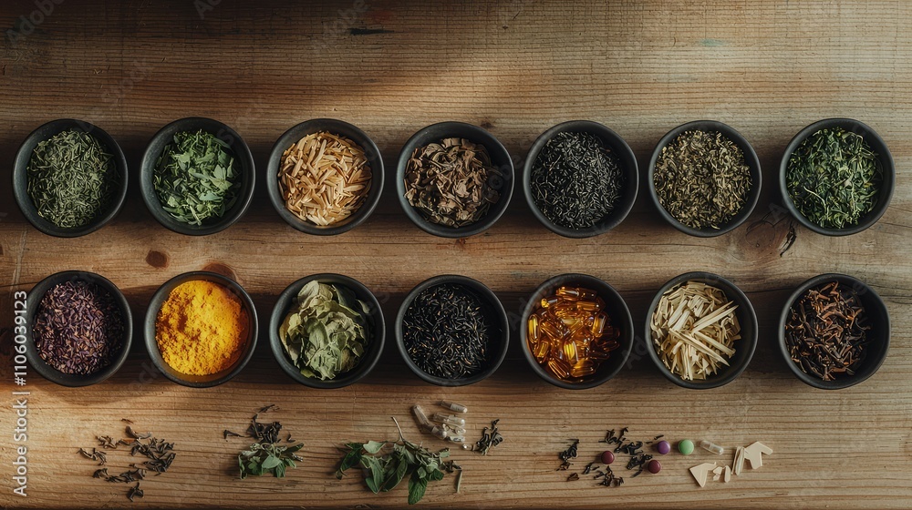 Close-Up of Various Herbal Teas and Natural Wellness Supplements Arranged in Bowls on a Wooden Surface, Perfect for Health and Wellness Themes Close-Up of Various Herbal Teas and Natural Wellness Supplements Arranged in Bowls on a Wooden Surface, Perfect for Health and Wellness Themes