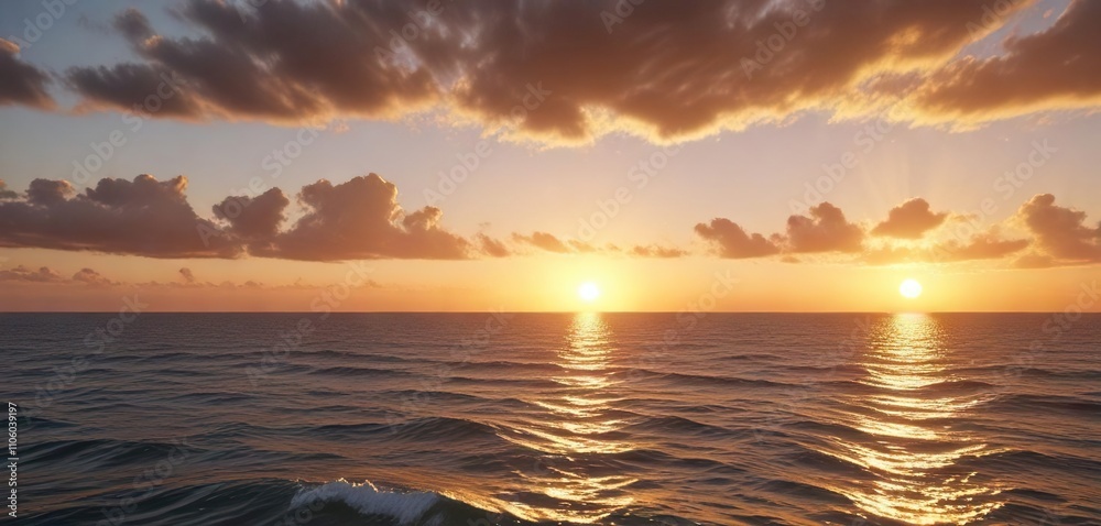 Golden hour on the horizon with sun setting behind the ocean, dusk, golden, sunlight