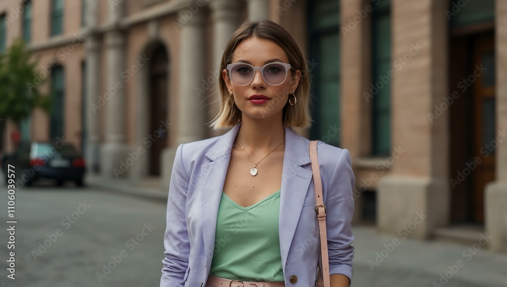 Obraz premium Fashion blogger in a pastel-colored outfit.