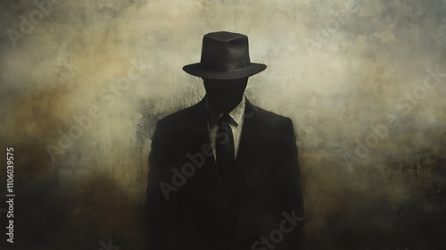 Mysterious Man In Suit And Fedora Against Grungy Background