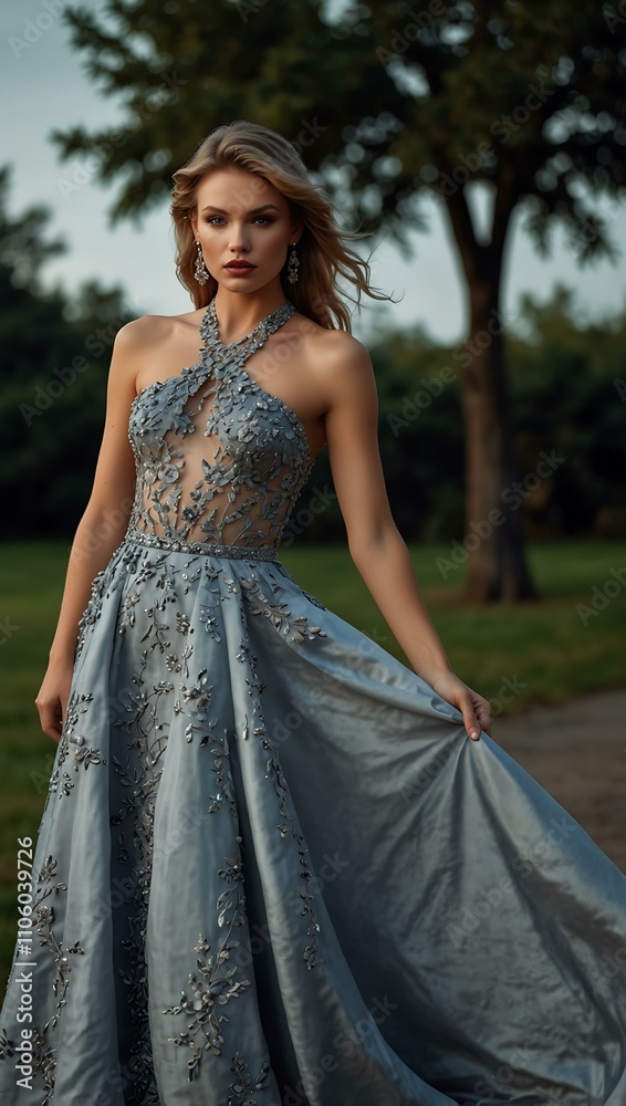 Fashion editorial featuring a model in an elegant evening gown. Fashion editorial featuring a model in an elegant evening gown.