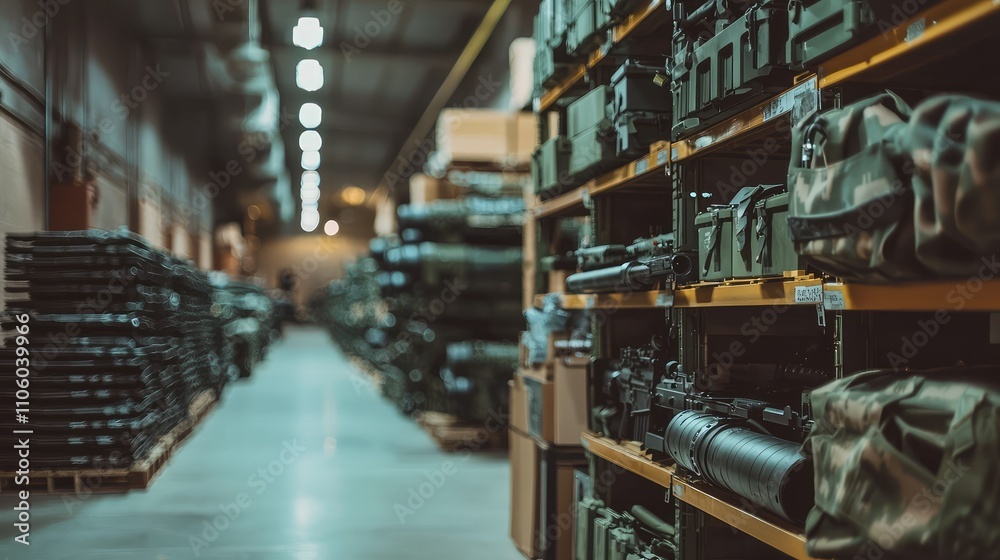 Close-Up View of Military Equipment and Weapons Stored in a Warehouse, Featuring Shelves Filled with Tactical Gear and Firepower for Defense and Security Operations Close-Up View of Military Equipment and Weapons Stored in a Warehouse, Featuring Shelves Filled with Tactical Gear and Firepower for Defense and Security Operations