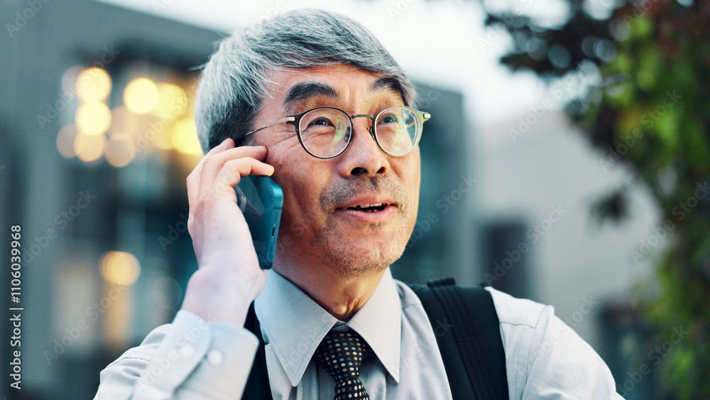 Japan, phone call and business with man, travel and conversation with digital app. Mature person, lawyer or employee in city, cellphone or connection with communication, talk or chatting with network Japan, phone call and business with man, travel and conversation with digital app. Mature person, lawyer or employee in city, cellphone or connection with communication, talk or chatting with network