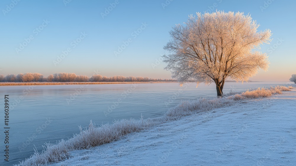 A serene winter landscape featuring a frosted tree by a calm river at sunrise. A serene winter landscape featuring a frosted tree by a calm river at sunrise.
