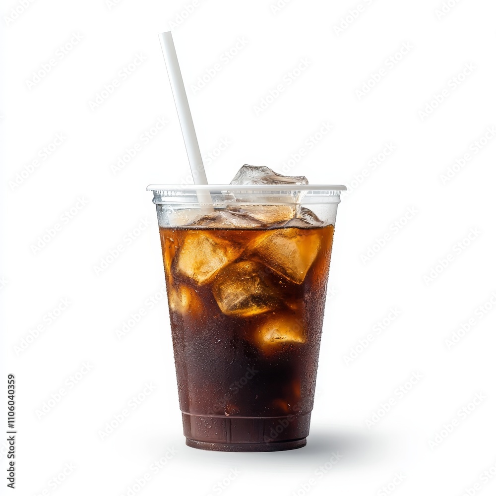 Clear plastic cup filled with rich espresso tonic, visible layers of dark coffee and golden tonic water, large ice cubes rising to the surface, a white straw through a flat lid, minimalist style on a Clear plastic cup filled with rich espresso tonic, visible layers of dark coffee and golden tonic water, large ice cubes rising to the surface, a white straw through a flat lid, minimalist style on a