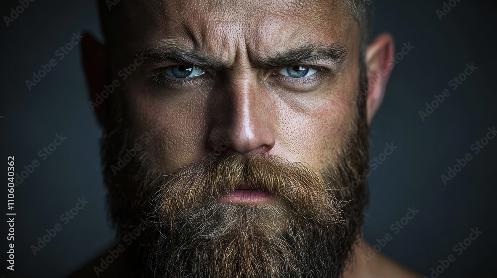 Obraz premium A close-up of a man with a beard and a serious expression, emphasizing strength and character