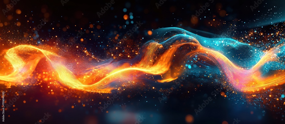 Abstract background with bright orange and blue glowing particles.