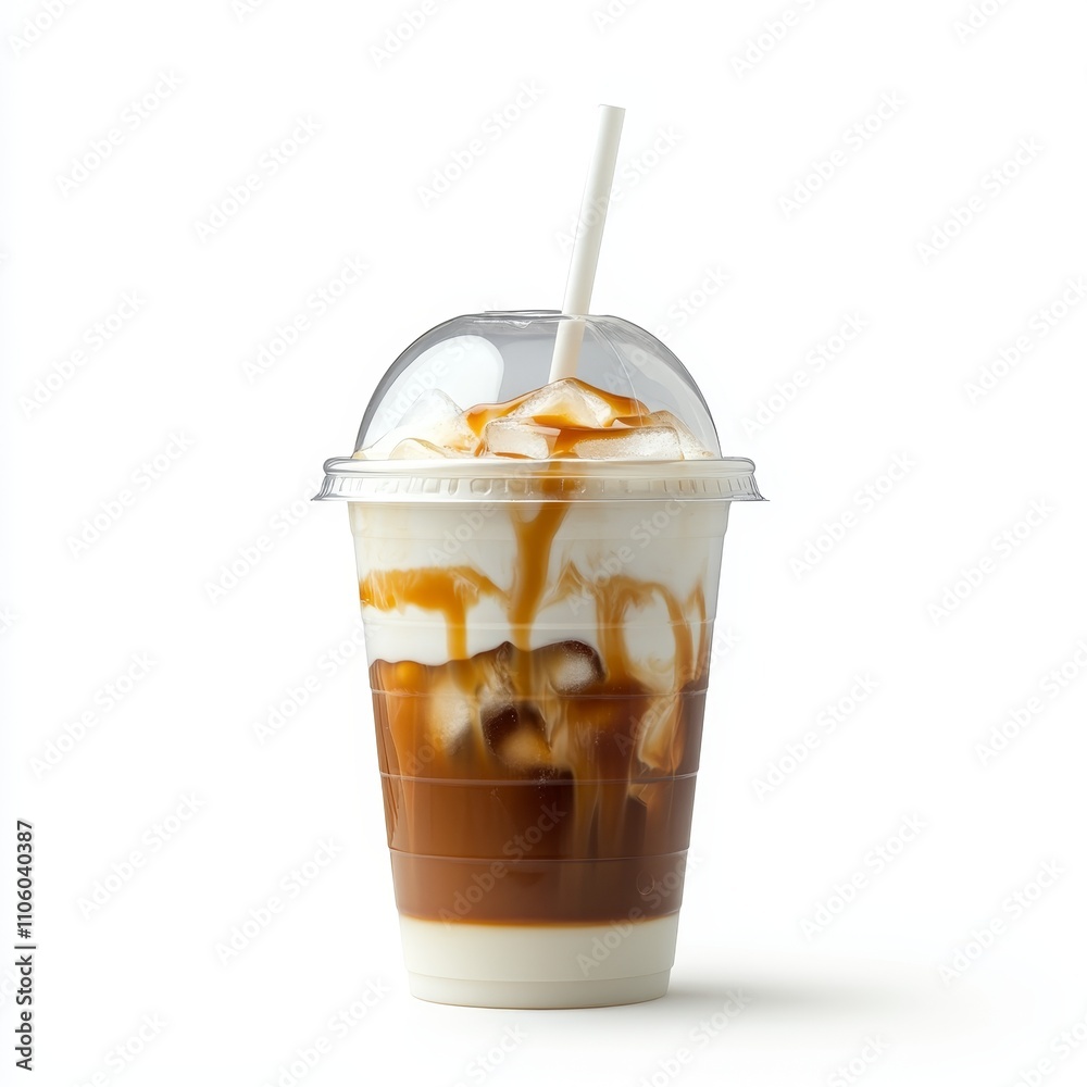 Shiny plastic cup filled with iced caramel latte, layers of milk, coffee, and caramel blending, ice cubes floating at the top, a white straw through a dome lid, detailed texture of caramel drizzle, Shiny plastic cup filled with iced caramel latte, layers of milk, coffee, and caramel blending, ice cubes floating at the top, a white straw through a dome lid, detailed texture of caramel drizzle,