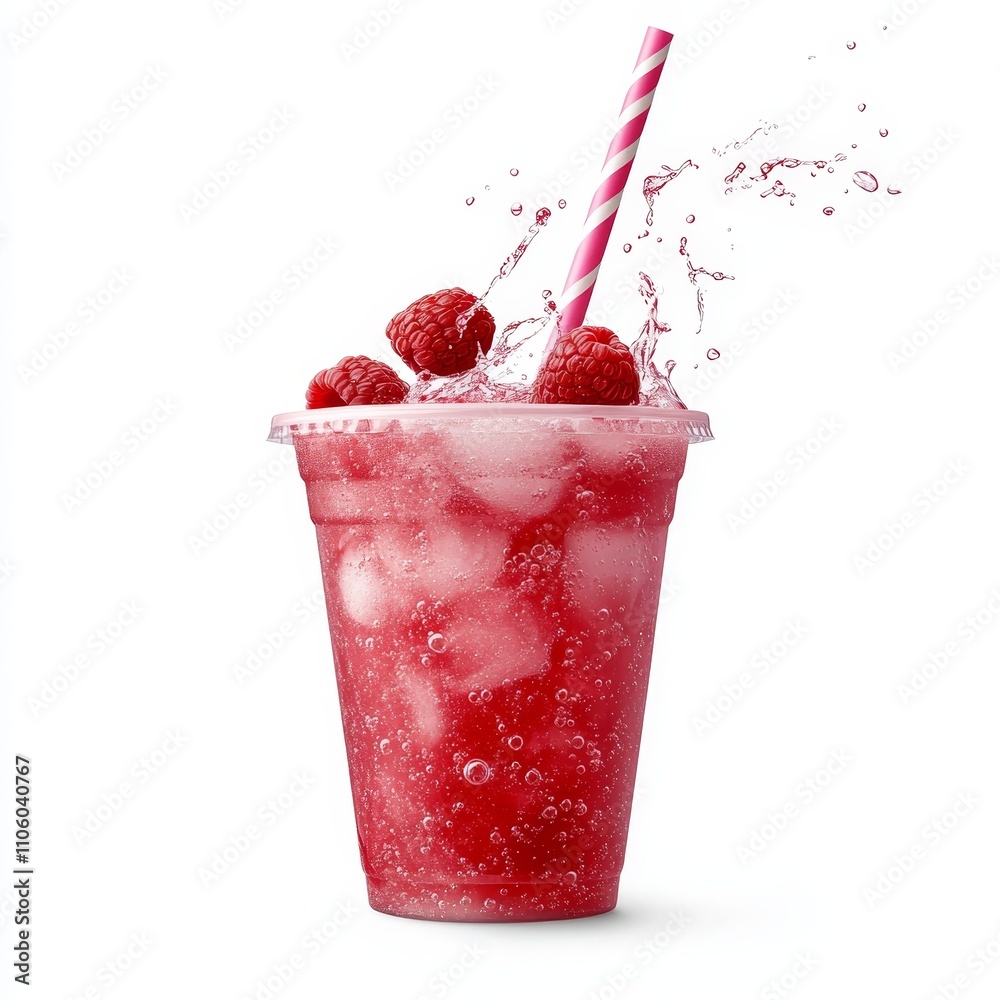 Shiny plastic cup with sparkling raspberry lemonade, fizzing bubbles concentrated around floating raspberries, a striped pink straw piercing through a flat lid, subtle droplets forming, white Shiny plastic cup with sparkling raspberry lemonade, fizzing bubbles concentrated around floating raspberries, a striped pink straw piercing through a flat lid, subtle droplets forming, white