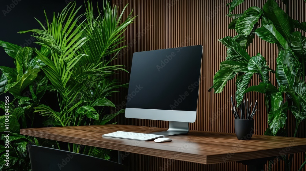 Home office inspiration rustic workspace with desktop computer indoor garden setting modern lifestyle creative concept Home office inspiration rustic workspace with desktop computer indoor garden setting modern lifestyle creative concept