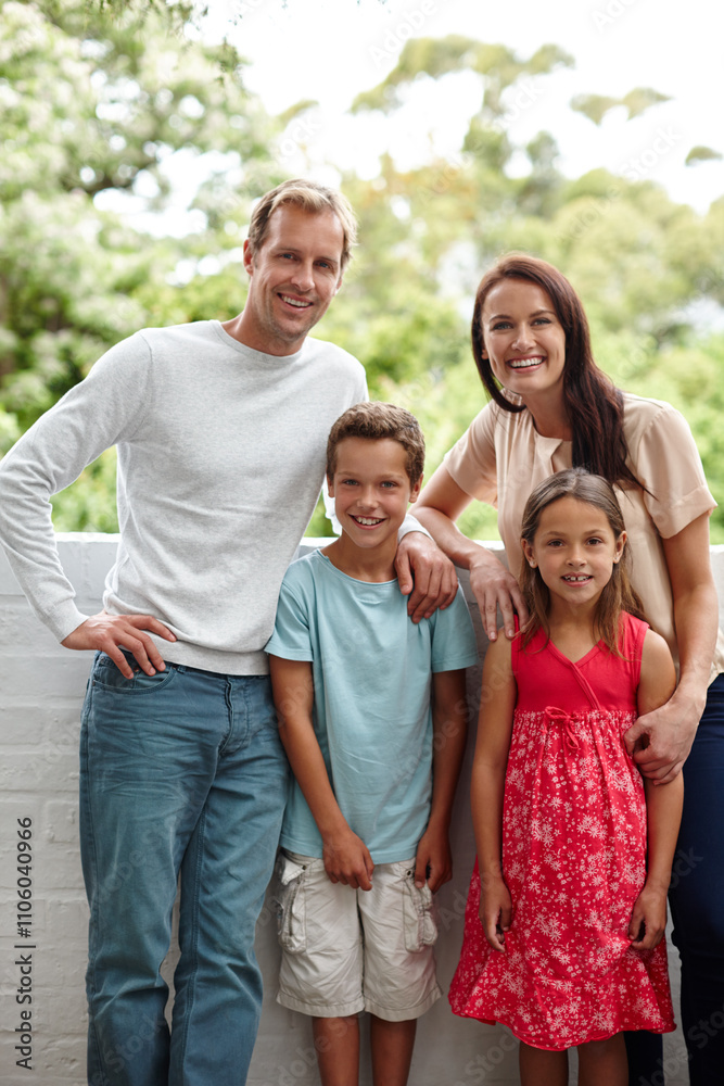 Family, portrait and smile in backyard together for love, bonding and security for connection. Parents, children and support for happiness in Switzerland home, kids and outdoor care in relationship Family, portrait and smile in backyard together for love, bonding and security for connection. Parents, children and support for happiness in Switzerland home, kids and outdoor care in relationship