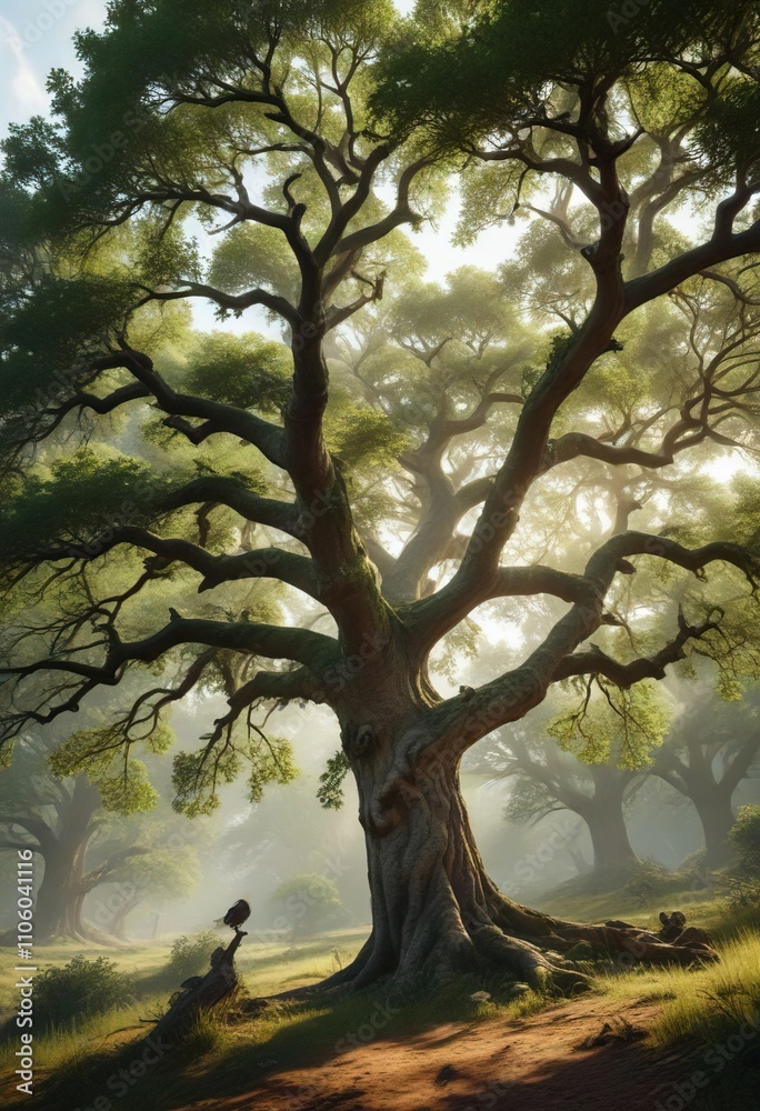 Fototapeta premium Idyllic forest scene with majestic oak trees and a bird perched on a branch, foliage, environment, habitat
