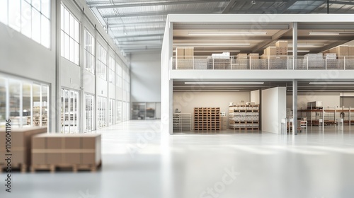 A spacious  modern warehouse interior featuring high ceilings  large windows  and organized shelving with stacked boxes.