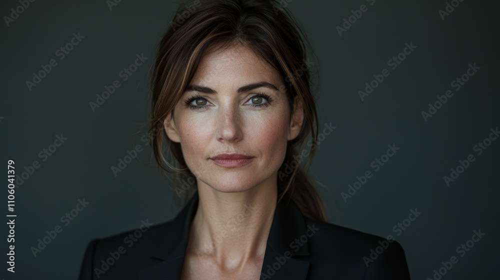 Fototapeta premium A close-up of a woman in business attire, looking directly at the camera with a serious yet approachable expression