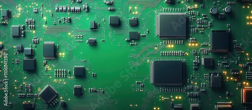 Close-up of a circuit board featuring microchips and electronic components.