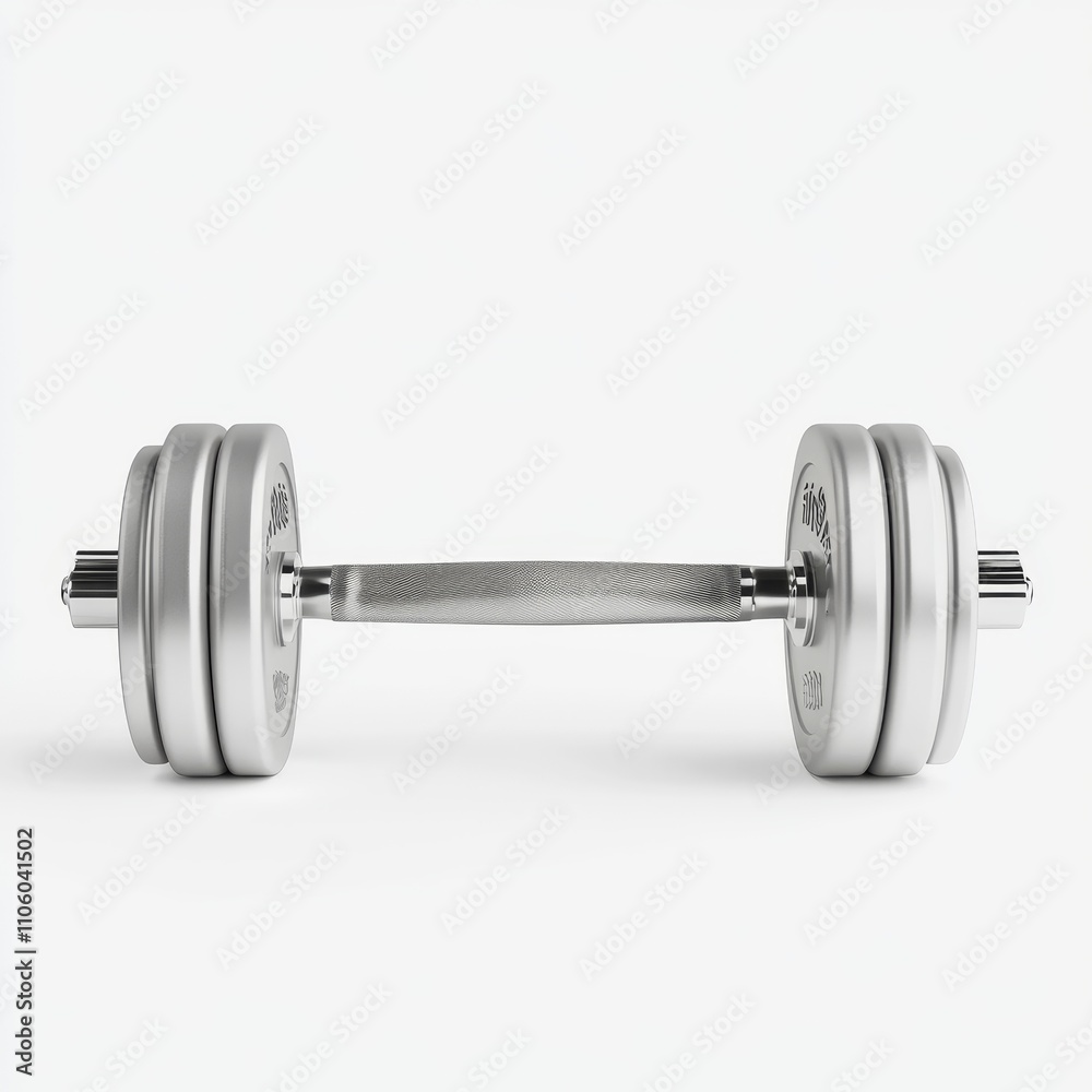 A set of dumbbells with metallic finish and adjustable weight plates, placed on a clean white background to highlight the weight markings, Photorealistic A set of dumbbells with metallic finish and adjustable weight plates, placed on a clean white background to highlight the weight markings, Photorealistic