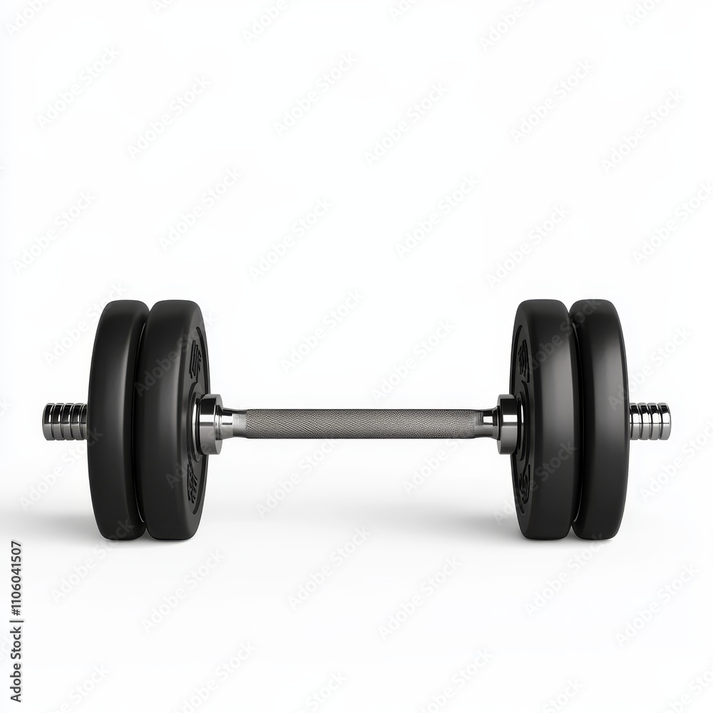 A set of dumbbells with metallic finish and adjustable weight plates, placed on a clean white background to highlight the weight markings, Photorealistic A set of dumbbells with metallic finish and adjustable weight plates, placed on a clean white background to highlight the weight markings, Photorealistic