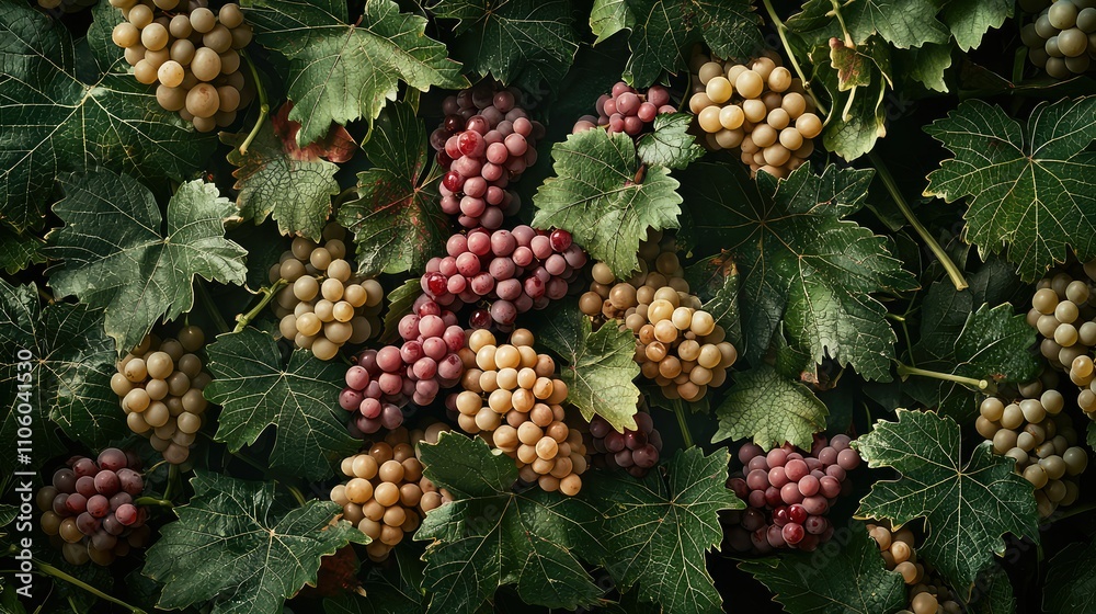 Clusters of Fresh Grapes Resting on a Bed of Lush Green Grapevine Leaves Showcasing the Natural Colors and Textures of the Vineyard Produce Clusters of Fresh Grapes Resting on a Bed of Lush Green Grapevine Leaves Showcasing the Natural Colors and Textures of the Vineyard Produce