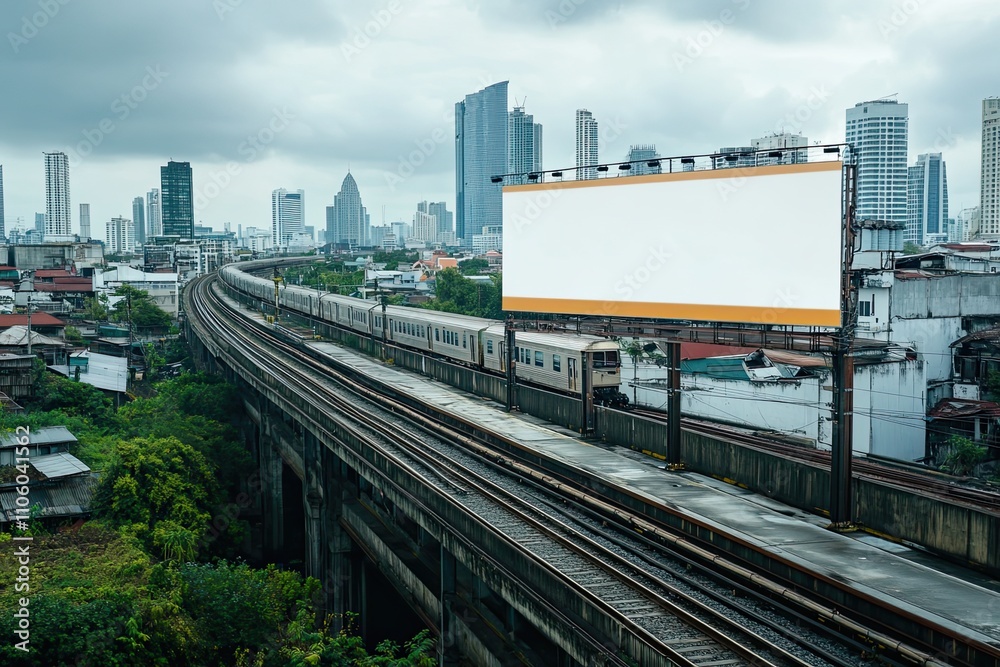 Fototapeta premium Blank billboard on a railway bridge with trains passing below and a panoramic city view.