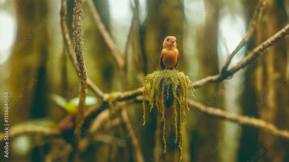 A stunning orange bird stands gracefully on a moss covered branch, enveloped by a rich green forest backdrop. A perfect capture of natures beauty and tranquility. A stunning orange bird stands gracefully on a moss covered branch, enveloped by a rich green forest backdrop. A perfect capture of natures beauty and tranquility.