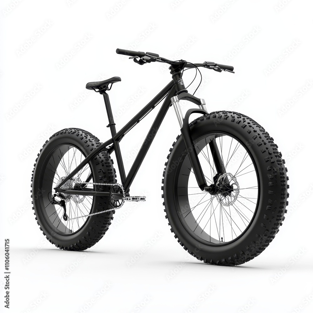 A mountain bike with large tires and front suspension, shown on a white background to emphasize the bike rugged design, Photorealistic A mountain bike with large tires and front suspension, shown on a white background to emphasize the bike rugged design, Photorealistic
