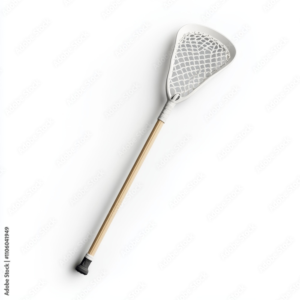 A lacrosse stick with a mesh pocket and solid shaft, shown on a white background to highlight its lightweight and durable design, Photorealistic A lacrosse stick with a mesh pocket and solid shaft, shown on a white background to highlight its lightweight and durable design, Photorealistic