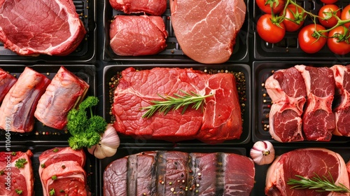 Variety of fresh red meat cuts at a supermarket display. Butcher offers standard meat and poultry cuts for retail or wholesale. Blank area.