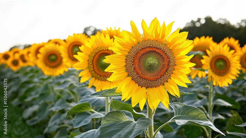 Fototapeta premium A vibrant field of sunflowers stretches towards the sky, showcasing their bright yellow petals and rich green leaves under soft sunlight.