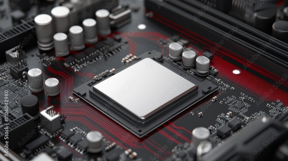 Fototapeta premium Detailed view of a CPU and surrounding mainboard with modern design, visible capacitors and connectors, ample space for logo, Photorealistic