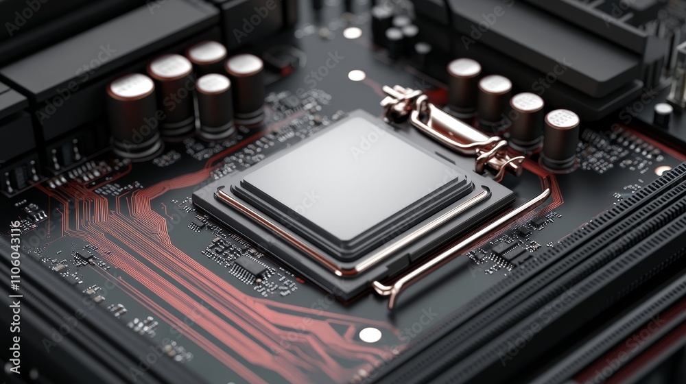 Close-up of a high-tech CPU on a mainboard with fine traces, capacitors, and resistors, providing plenty of space for a logo design, Photorealistic