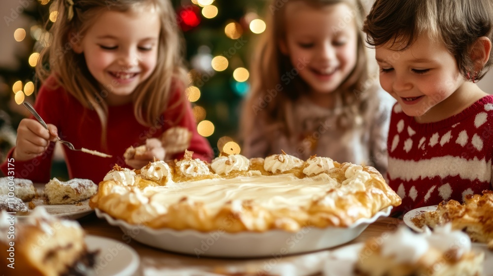 Three cheerful children gathered around a table with festive desserts, including a cream pie, in a cozy Christmas setting.
Three cheerful children gathered around a table with festive desserts, including a cream pie, in a cozy Christmas setting.