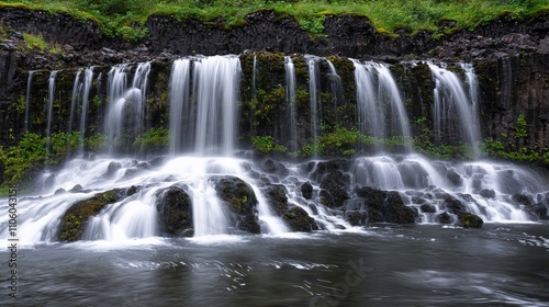 A serene waterfall cascades over rocky cliffs, surrounded by lush greenery and reflecting in the calm water below.