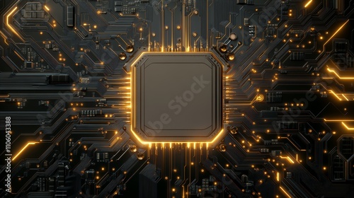 Close-up view of a digital motherboard with a holographic CPU, glowing power circuits, and intricate details, plenty of room for logo design, Photorealistic