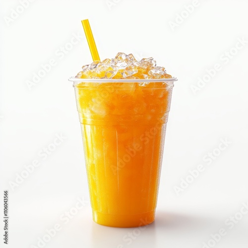 Frosted plastic cup filled with vibrant orange juice, crushed ice fully covering the liquid surface, a simple flat plastic lid without a straw, light reflections on the lid photo