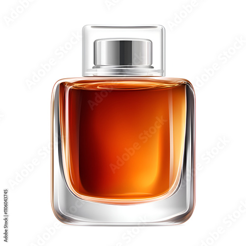 Elegant glass perfume bottle filled with amber liquid on a clean background photo